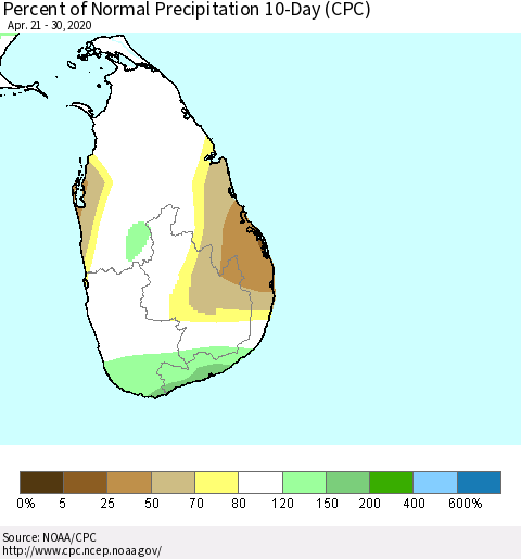 Sri Lanka Percent of Normal Precipitation 10-Day (CPC) Thematic Map For 4/21/2020 - 4/30/2020