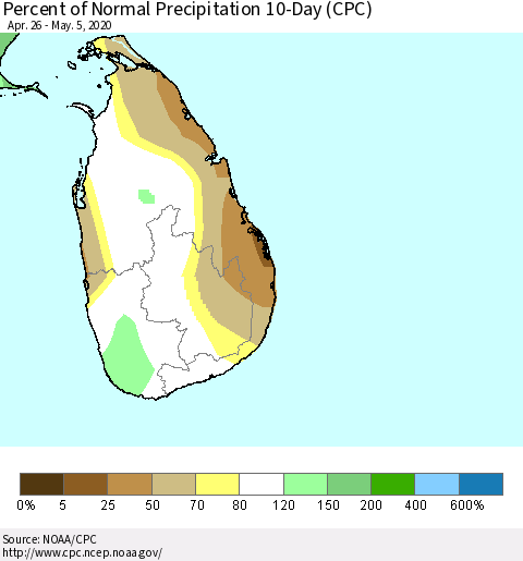Sri Lanka Percent of Normal Precipitation 10-Day (CPC) Thematic Map For 4/26/2020 - 5/5/2020