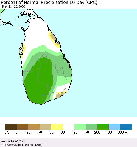 Sri Lanka Percent of Normal Precipitation 10-Day (CPC) Thematic Map For 5/11/2020 - 5/20/2020
