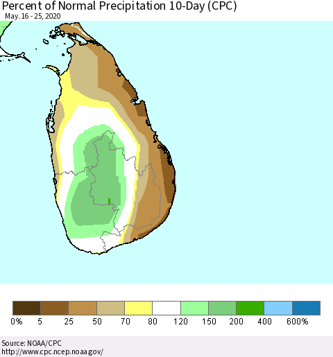 Sri Lanka Percent of Normal Precipitation 10-Day (CPC) Thematic Map For 5/16/2020 - 5/25/2020