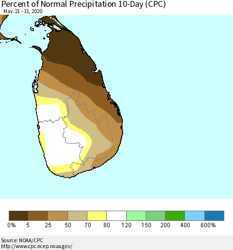 Sri Lanka Percent of Normal Precipitation 10-Day (CPC) Thematic Map For 5/21/2020 - 5/31/2020