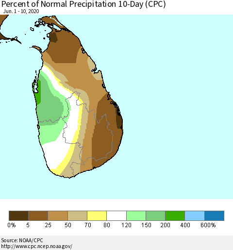 Sri Lanka Percent of Normal Precipitation 10-Day (CPC) Thematic Map For 6/1/2020 - 6/10/2020