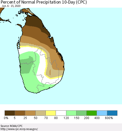 Sri Lanka Percent of Normal Precipitation 10-Day (CPC) Thematic Map For 6/6/2020 - 6/15/2020