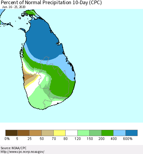 Sri Lanka Percent of Normal Precipitation 10-Day (CPC) Thematic Map For 6/16/2020 - 6/25/2020