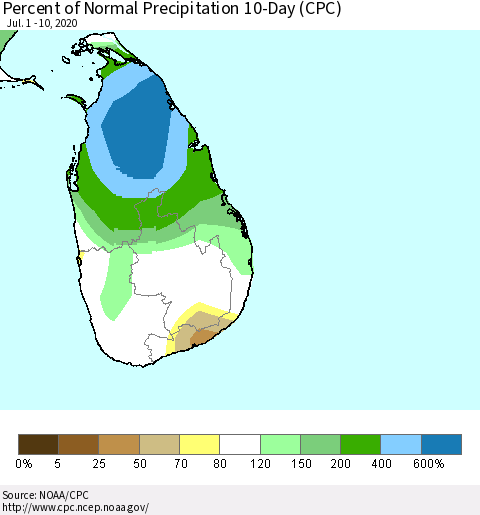 Sri Lanka Percent of Normal Precipitation 10-Day (CPC) Thematic Map For 7/1/2020 - 7/10/2020