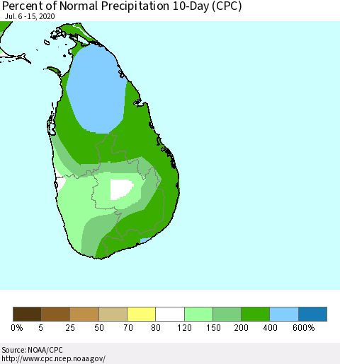 Sri Lanka Percent of Normal Precipitation 10-Day (CPC) Thematic Map For 7/6/2020 - 7/15/2020