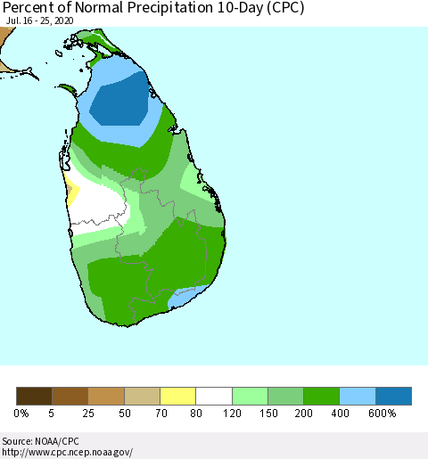 Sri Lanka Percent of Normal Precipitation 10-Day (CPC) Thematic Map For 7/16/2020 - 7/25/2020