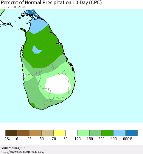 Sri Lanka Percent of Normal Precipitation 10-Day (CPC) Thematic Map For 7/21/2020 - 7/31/2020
