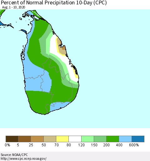 Sri Lanka Percent of Normal Precipitation 10-Day (CPC) Thematic Map For 8/1/2020 - 8/10/2020
