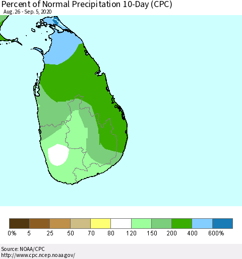 Sri Lanka Percent of Normal Precipitation 10-Day (CPC) Thematic Map For 8/26/2020 - 9/5/2020