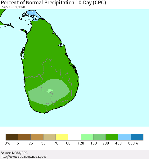 Sri Lanka Percent of Normal Precipitation 10-Day (CPC) Thematic Map For 9/1/2020 - 9/10/2020
