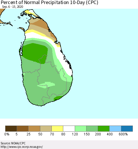 Sri Lanka Percent of Normal Precipitation 10-Day (CPC) Thematic Map For 9/6/2020 - 9/15/2020