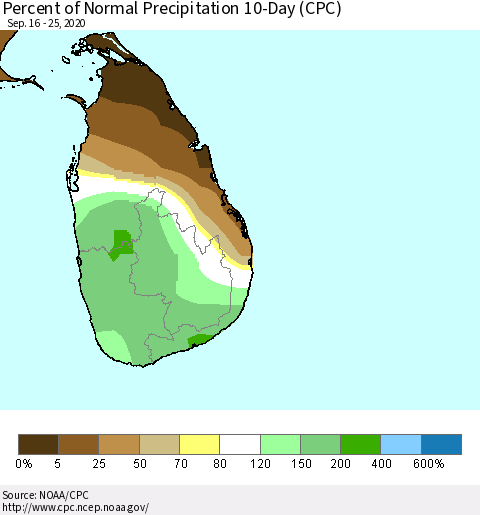 Sri Lanka Percent of Normal Precipitation 10-Day (CPC) Thematic Map For 9/16/2020 - 9/25/2020