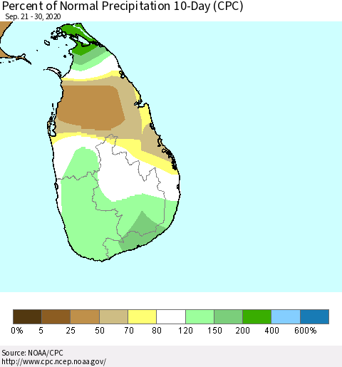 Sri Lanka Percent of Normal Precipitation 10-Day (CPC) Thematic Map For 9/21/2020 - 9/30/2020