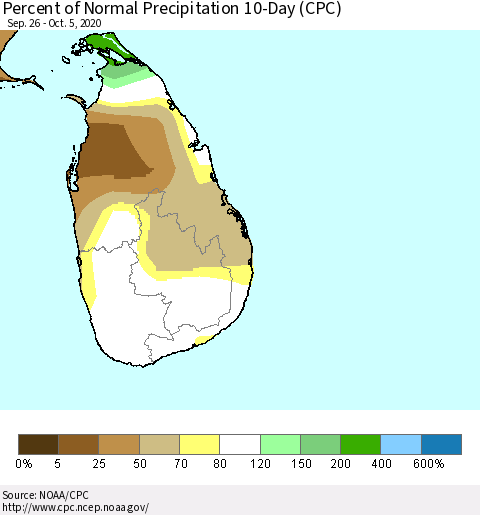 Sri Lanka Percent of Normal Precipitation 10-Day (CPC) Thematic Map For 9/26/2020 - 10/5/2020