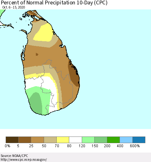 Sri Lanka Percent of Normal Precipitation 10-Day (CPC) Thematic Map For 10/6/2020 - 10/15/2020