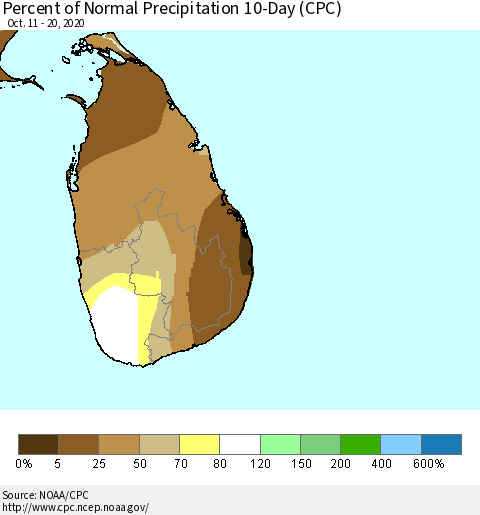 Sri Lanka Percent of Normal Precipitation 10-Day (CPC) Thematic Map For 10/11/2020 - 10/20/2020