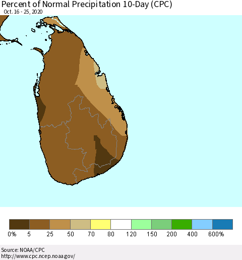 Sri Lanka Percent of Normal Precipitation 10-Day (CPC) Thematic Map For 10/16/2020 - 10/25/2020