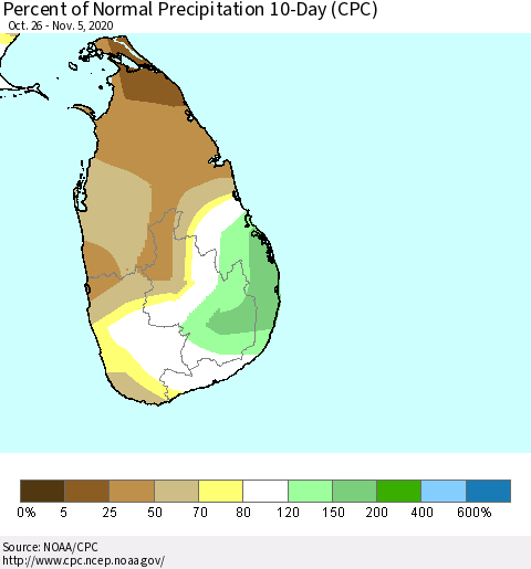 Sri Lanka Percent of Normal Precipitation 10-Day (CPC) Thematic Map For 10/26/2020 - 11/5/2020