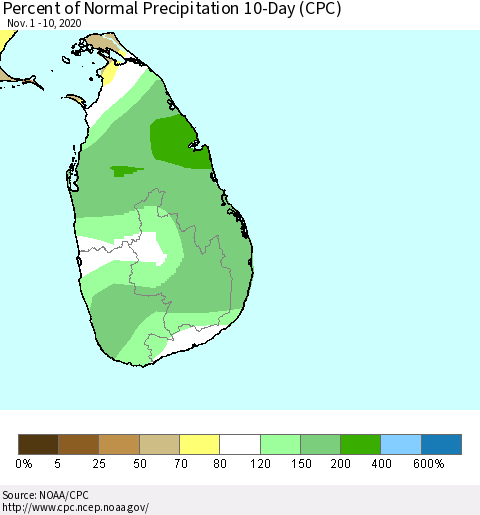 Sri Lanka Percent of Normal Precipitation 10-Day (CPC) Thematic Map For 11/1/2020 - 11/10/2020