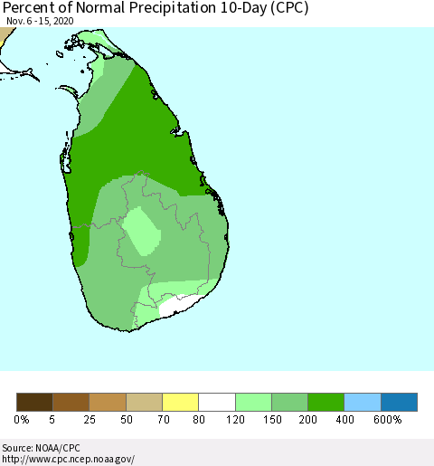 Sri Lanka Percent of Normal Precipitation 10-Day (CPC) Thematic Map For 11/6/2020 - 11/15/2020