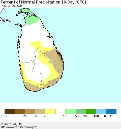 Sri Lanka Percent of Normal Precipitation 10-Day (CPC) Thematic Map For 11/16/2020 - 11/25/2020