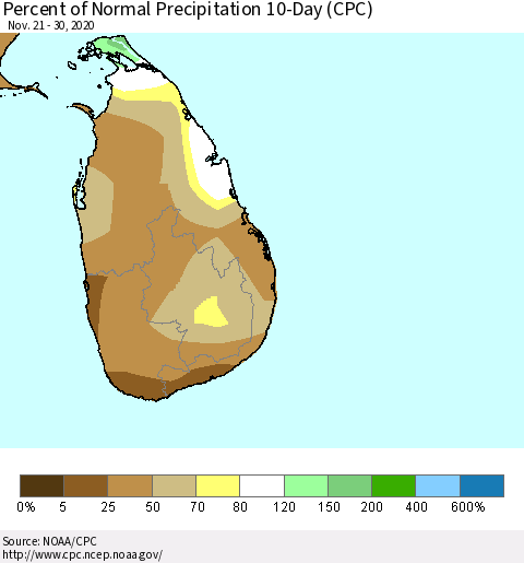 Sri Lanka Percent of Normal Precipitation 10-Day (CPC) Thematic Map For 11/21/2020 - 11/30/2020