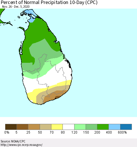 Sri Lanka Percent of Normal Precipitation 10-Day (CPC) Thematic Map For 11/26/2020 - 12/5/2020
