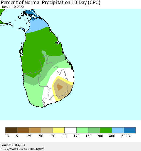 Sri Lanka Percent of Normal Precipitation 10-Day (CPC) Thematic Map For 12/1/2020 - 12/10/2020