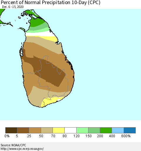Sri Lanka Percent of Normal Precipitation 10-Day (CPC) Thematic Map For 12/6/2020 - 12/15/2020