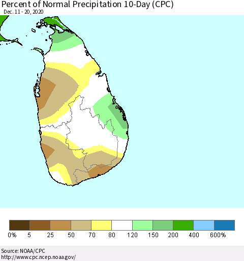 Sri Lanka Percent of Normal Precipitation 10-Day (CPC) Thematic Map For 12/11/2020 - 12/20/2020