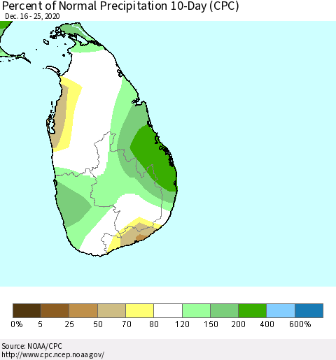 Sri Lanka Percent of Normal Precipitation 10-Day (CPC) Thematic Map For 12/16/2020 - 12/25/2020