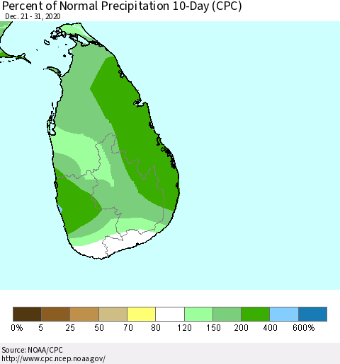 Sri Lanka Percent of Normal Precipitation 10-Day (CPC) Thematic Map For 12/21/2020 - 12/31/2020