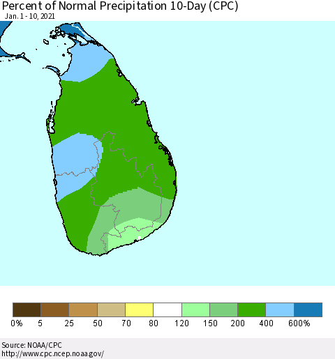 Sri Lanka Percent of Normal Precipitation 10-Day (CPC) Thematic Map For 1/1/2021 - 1/10/2021