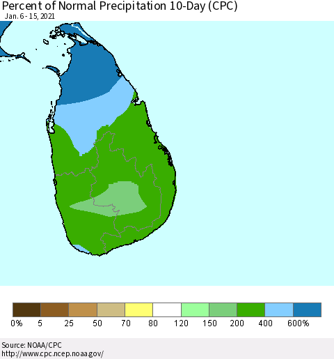 Sri Lanka Percent of Normal Precipitation 10-Day (CPC) Thematic Map For 1/6/2021 - 1/15/2021