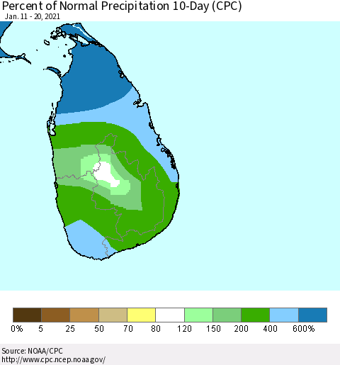 Sri Lanka Percent of Normal Precipitation 10-Day (CPC) Thematic Map For 1/11/2021 - 1/20/2021