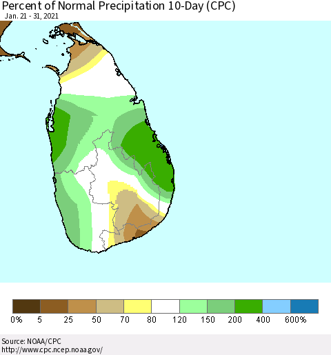 Sri Lanka Percent of Normal Precipitation 10-Day (CPC) Thematic Map For 1/21/2021 - 1/31/2021
