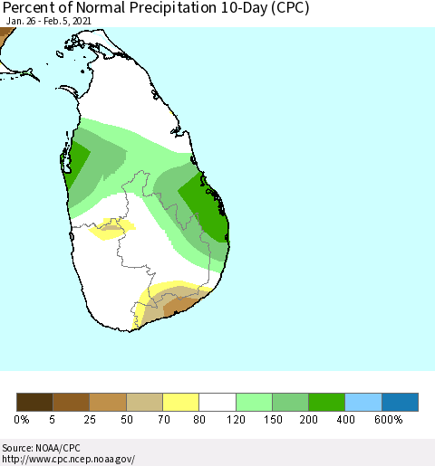 Sri Lanka Percent of Normal Precipitation 10-Day (CPC) Thematic Map For 1/26/2021 - 2/5/2021