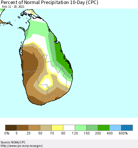Sri Lanka Percent of Normal Precipitation 10-Day (CPC) Thematic Map For 2/11/2021 - 2/20/2021