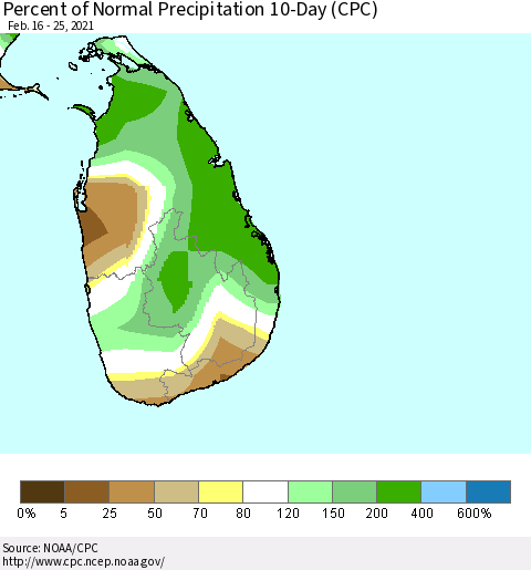 Sri Lanka Percent of Normal Precipitation 10-Day (CPC) Thematic Map For 2/16/2021 - 2/25/2021