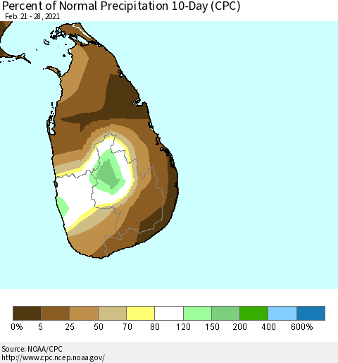Sri Lanka Percent of Normal Precipitation 10-Day (CPC) Thematic Map For 2/21/2021 - 2/28/2021