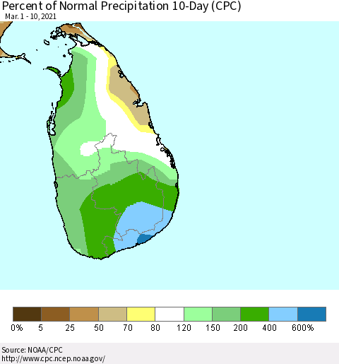 Sri Lanka Percent of Normal Precipitation 10-Day (CPC) Thematic Map For 3/1/2021 - 3/10/2021
