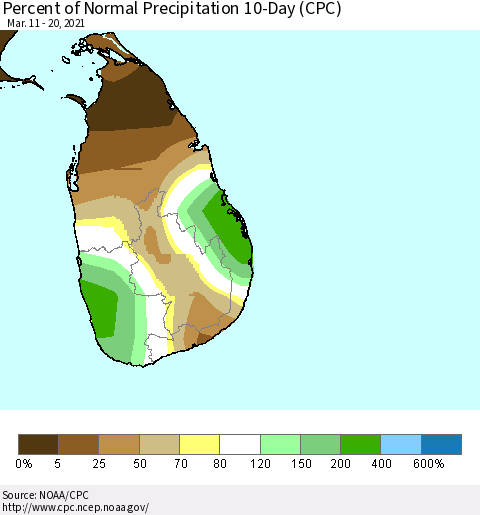 Sri Lanka Percent of Normal Precipitation 10-Day (CPC) Thematic Map For 3/11/2021 - 3/20/2021
