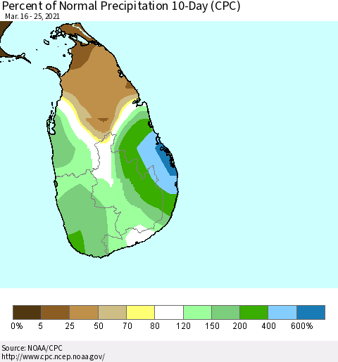 Sri Lanka Percent of Normal Precipitation 10-Day (CPC) Thematic Map For 3/16/2021 - 3/25/2021