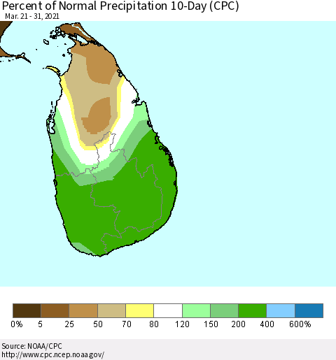 Sri Lanka Percent of Normal Precipitation 10-Day (CPC) Thematic Map For 3/21/2021 - 3/31/2021