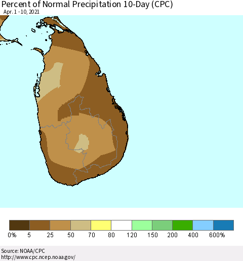 Sri Lanka Percent of Normal Precipitation 10-Day (CPC) Thematic Map For 4/1/2021 - 4/10/2021