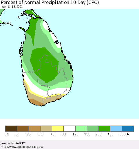 Sri Lanka Percent of Normal Precipitation 10-Day (CPC) Thematic Map For 4/6/2021 - 4/15/2021