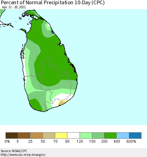 Sri Lanka Percent of Normal Precipitation 10-Day (CPC) Thematic Map For 4/11/2021 - 4/20/2021