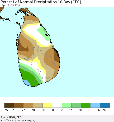Sri Lanka Percent of Normal Precipitation 10-Day (CPC) Thematic Map For 4/16/2021 - 4/25/2021