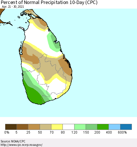 Sri Lanka Percent of Normal Precipitation 10-Day (CPC) Thematic Map For 4/21/2021 - 4/30/2021